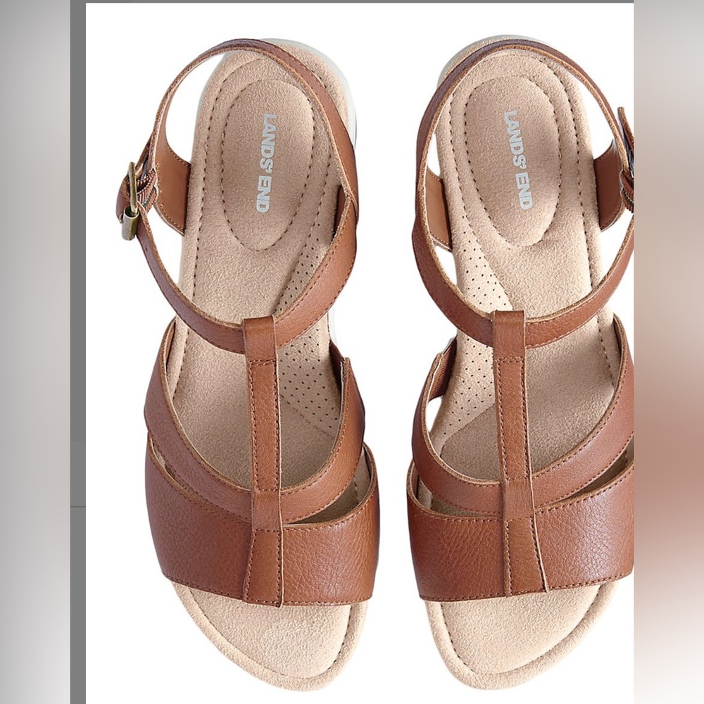 LAND’S END LEATHER COMFORT WEDGE SANDAL: COGNAC: NIB: SIZE 6.5